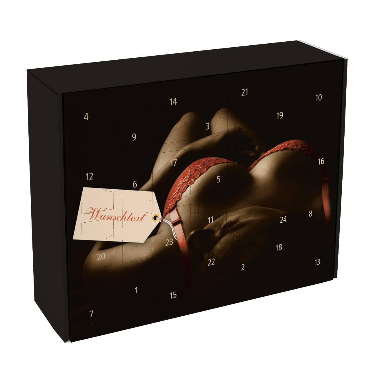 Ihr Wunschtext wird zusammen mit einer halbnackten Frau in roter Unterwäsche auf den scharfen Adventskalender für Männer gedruckt