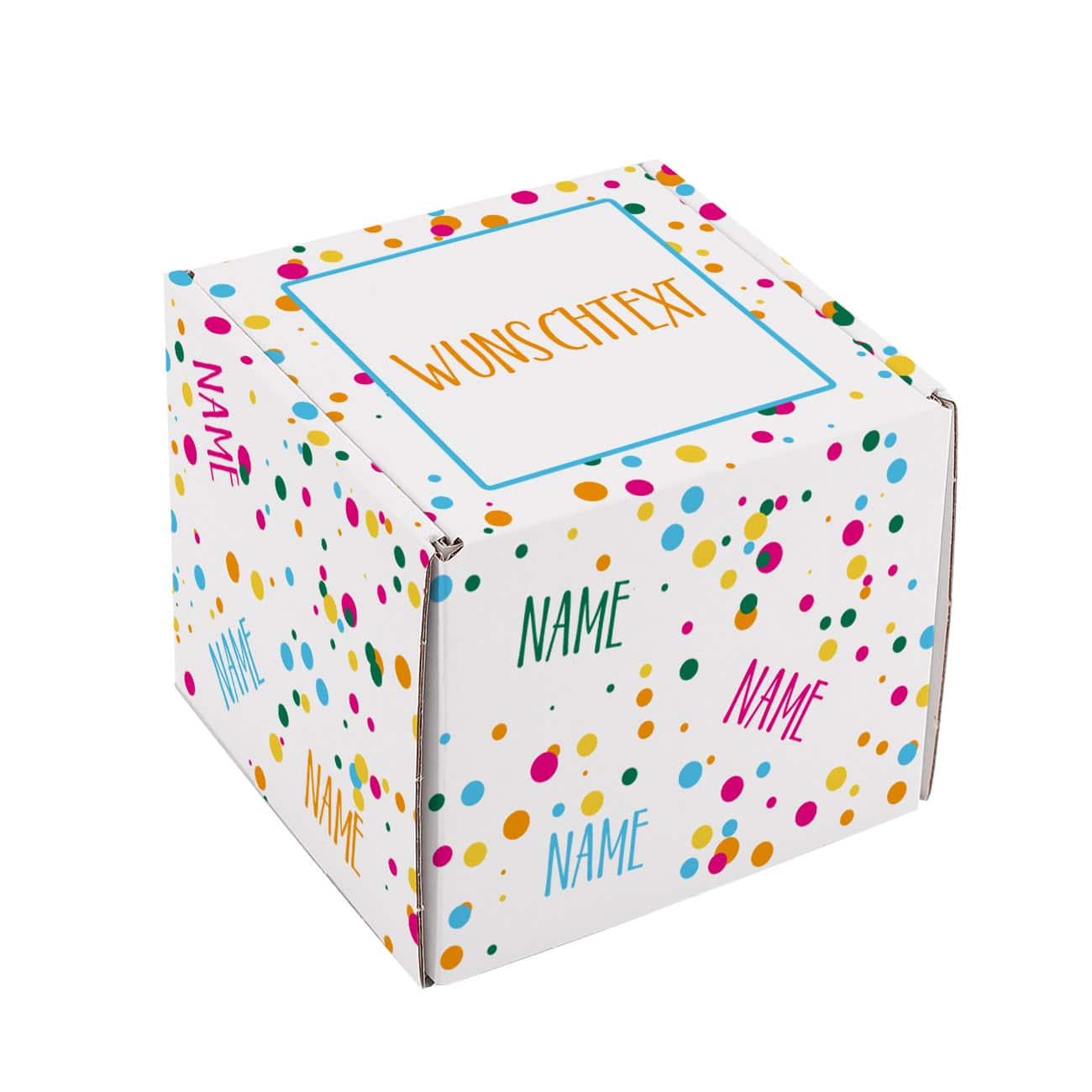 Kleiner Geschenkkarton mit Konfetti, Name und Wunschtext