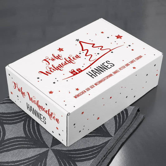 Geschenkverpackung zu Weihnachten - mit Name, Wunschtext und Sternen