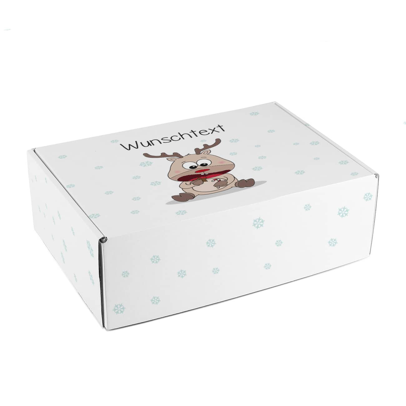 Geschenkverpackung mit niedlichem Rentier und Wunschtext