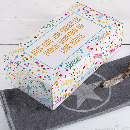Konfetti Geschenkverpackung mit Name und Glückwunschtext