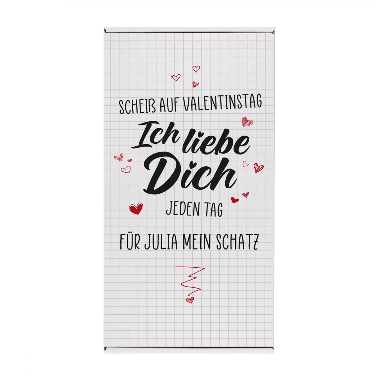 Weiße bedruckte Pappbox zum Valentinstag mit Wunschtext und lustigem Spruch