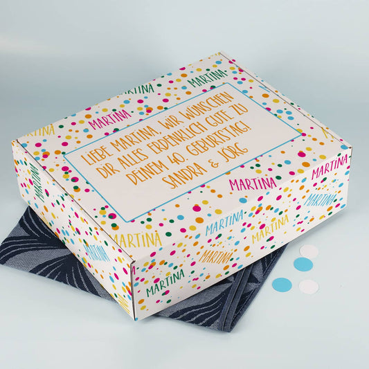 Große Geschenkbox mit Konfetti, Name und Wunschtext