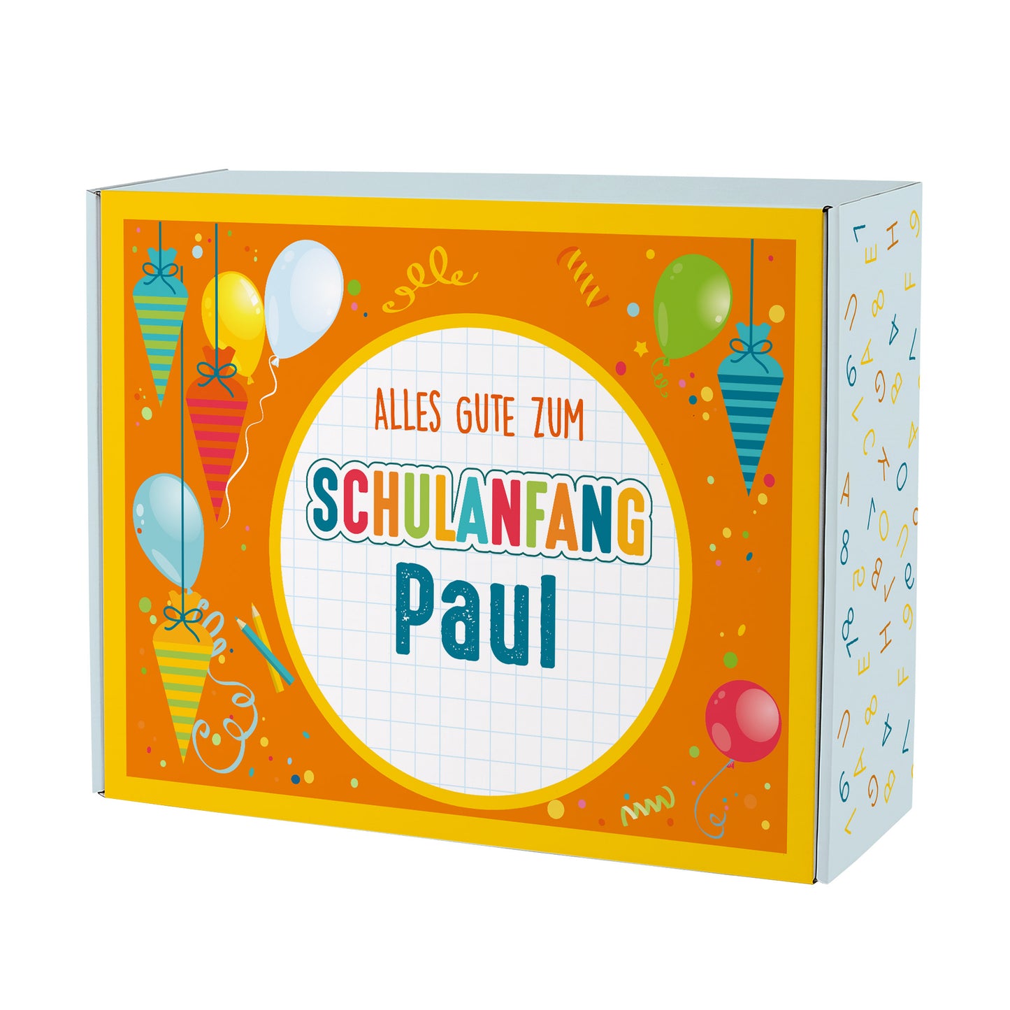 Große Pappbox mit Wunschname und farbenfrohem Motiv aus Schultüten, Luftballons und Konfetti