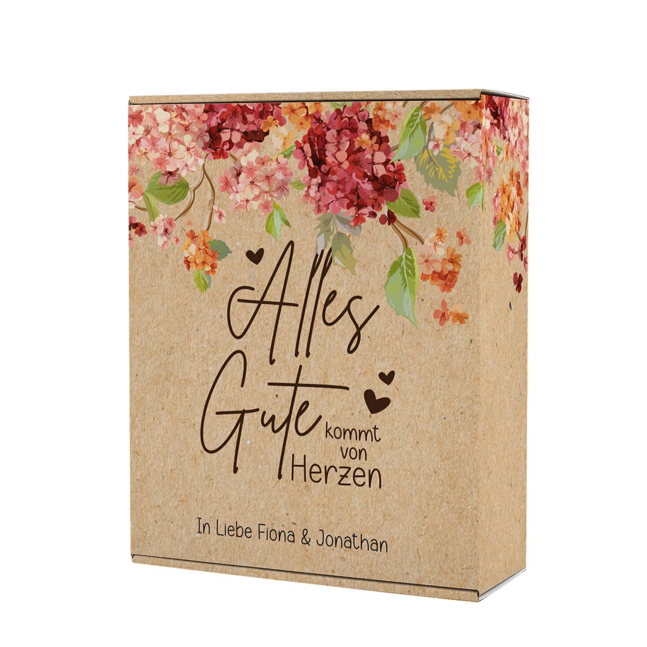 Alles Gute kommt von Herzen - Große Geschenkverpackung mit Hortensienblüten - Craft Paper Effekt und Text