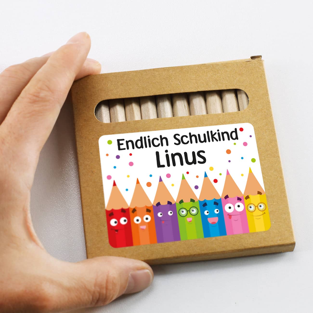 Personalisierte Buntstiftverpackung für den Schulanfang