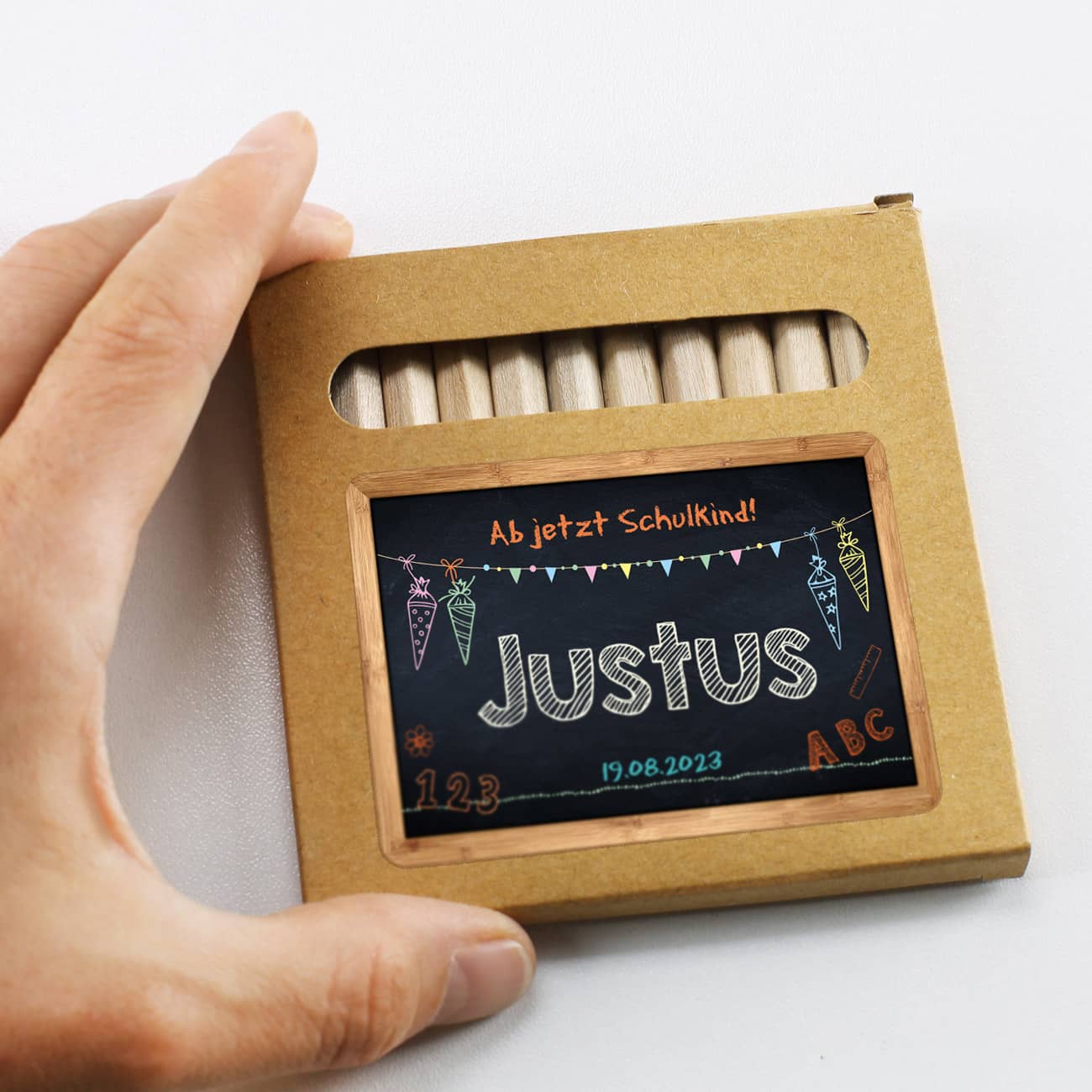 Personalisierte Verpackung für Buntstifte zur Einschulung
