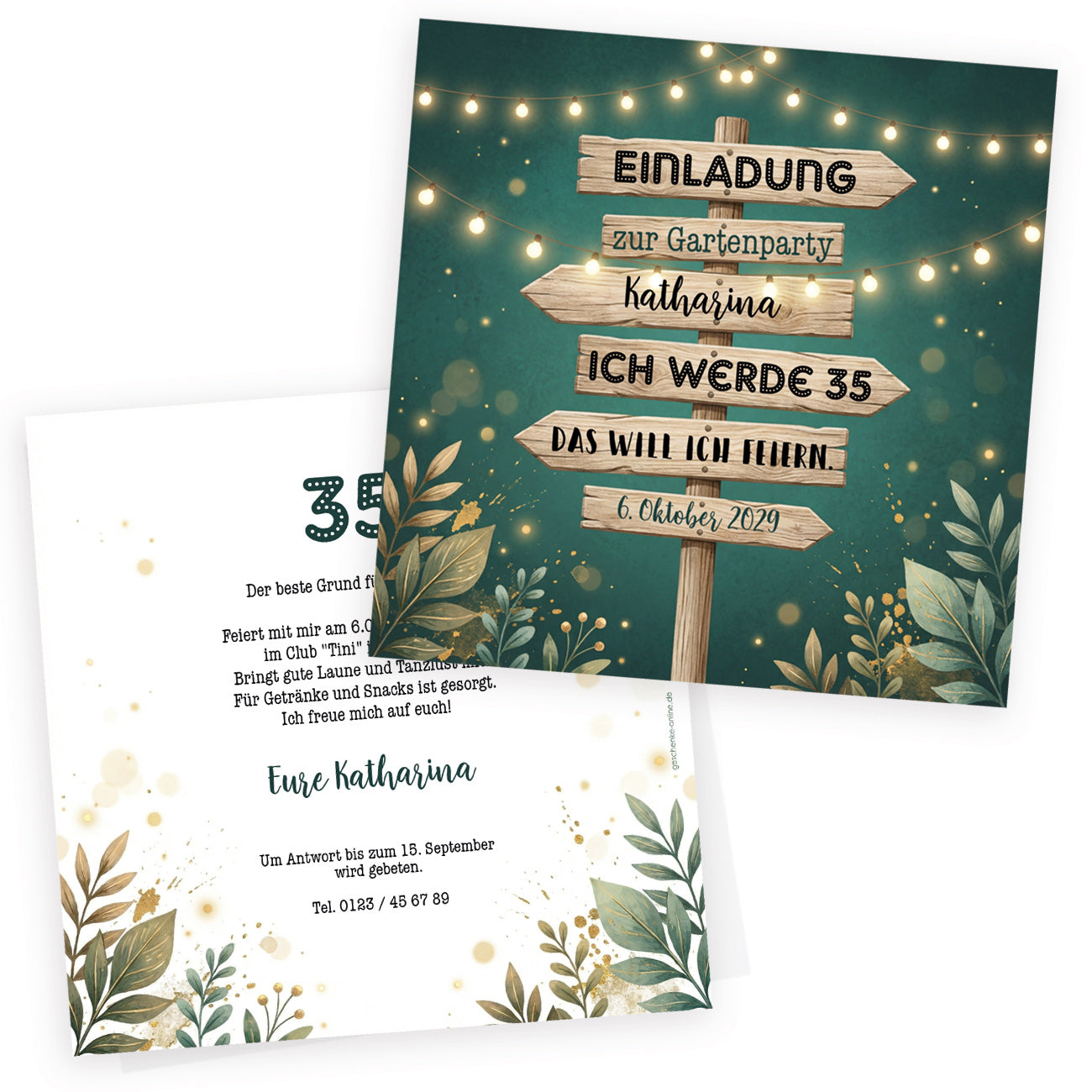 Einladungskarte zur Gartenparty zum 35. Geburtstag mit personalisiertem Wegweiser und individuell bedruckter Rückseite