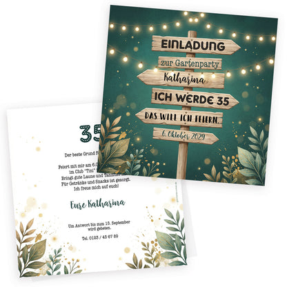 Einladungskarte zur Gartenparty zum 35. Geburtstag mit personalisiertem Wegweiser und individuell bedruckter Rückseite