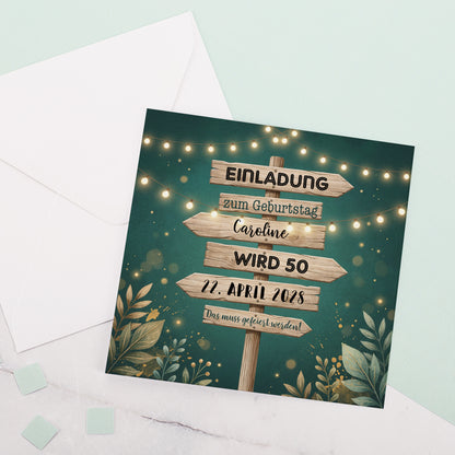 Personalisierte Geburtstagskarte mit Wegweiser-Motiv zum 50. Geburtstag inklusive weißem Umschlag