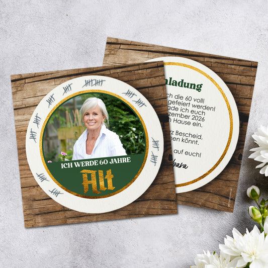 Personalisierte Einladungskarte mit Bierdeckel-Motiv und Foto auf Vorderseite