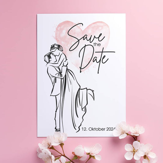 Mit einem Watercolor Motiv und einem Brautpaar bedruckt