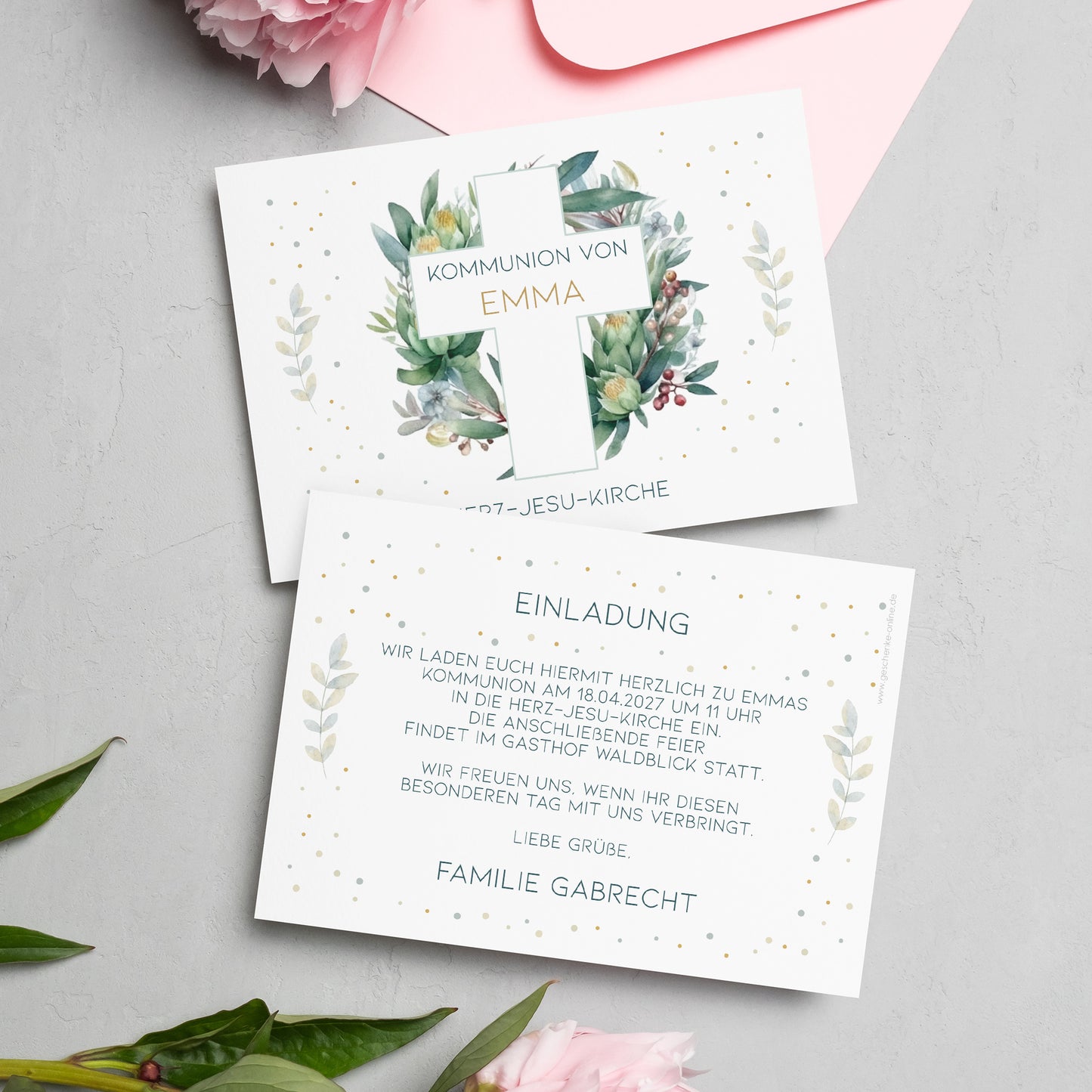 Einladungskarte zur Konfirmation, Kommunion, Taufe mit Wunschdaten | Kreuz & Blätterkranz
