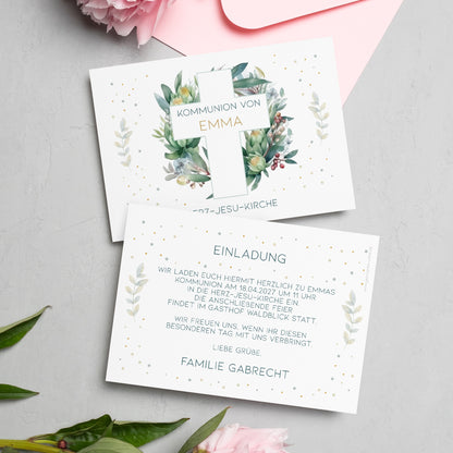 Einladungskarte zur Konfirmation, Kommunion, Taufe mit Wunschdaten | Kreuz & Blätterkranz