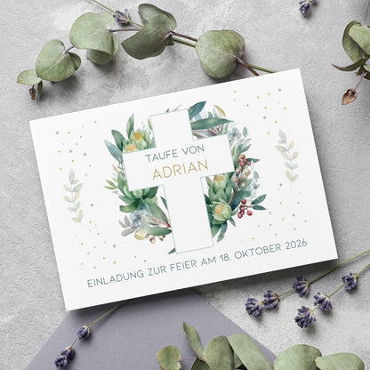 Einladungskarte zur Konfirmation, Kommunion, Taufe mit Wunschdaten | Kreuz & Blätterkranz