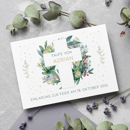 Einladungskarte zur Konfirmation, Kommunion, Taufe mit Wunschdaten | Kreuz & Blätterkranz