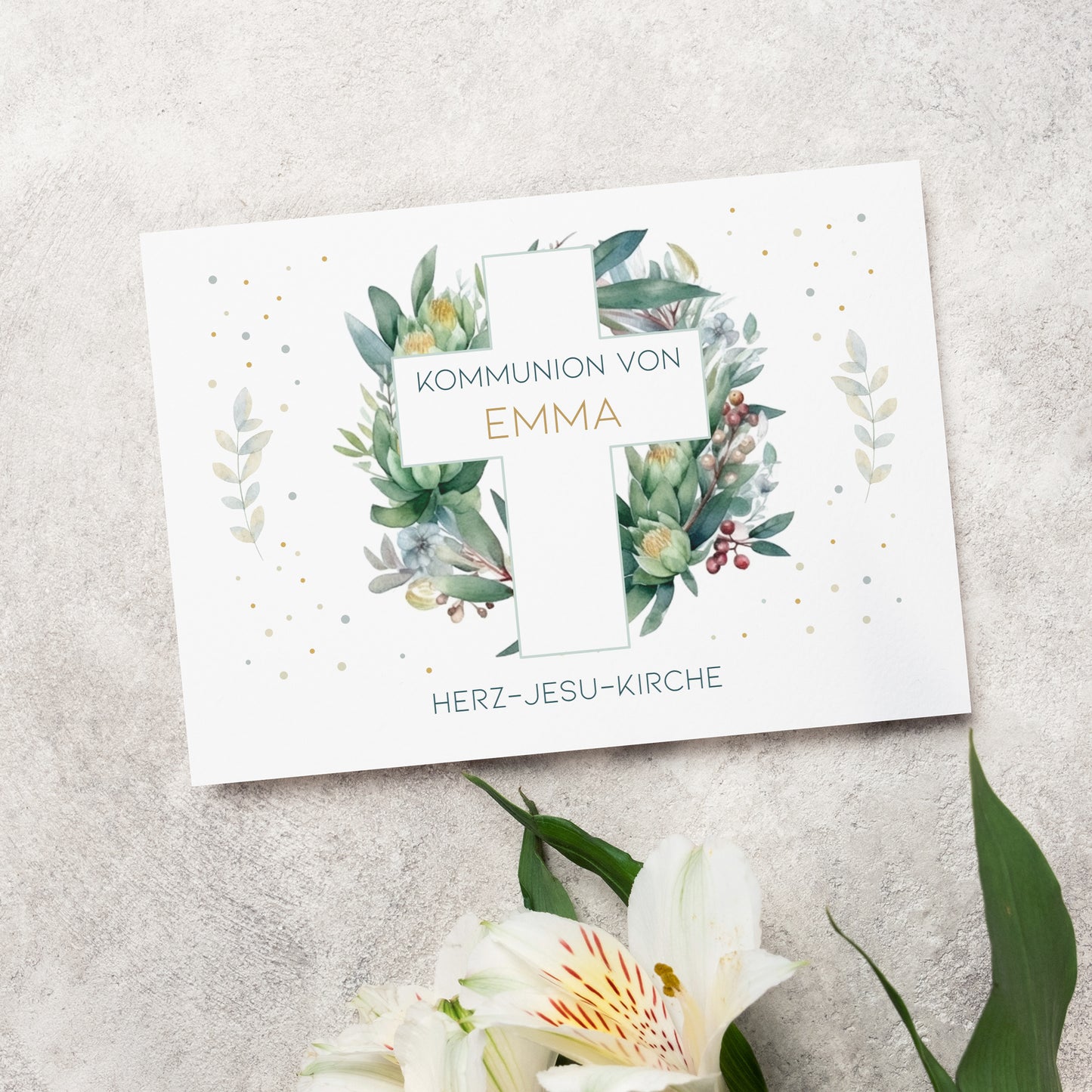 Einladungskarte zur Konfirmation, Kommunion, Taufe mit Wunschdaten | Kreuz & Blätterkranz