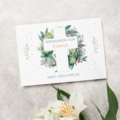 Einladungskarte zur Konfirmation, Kommunion, Taufe mit Wunschdaten | Kreuz & Blätterkranz