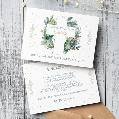 Einladungskarte zur Konfirmation, Kommunion, Taufe mit Wunschdaten | Kreuz & Blätterkranz