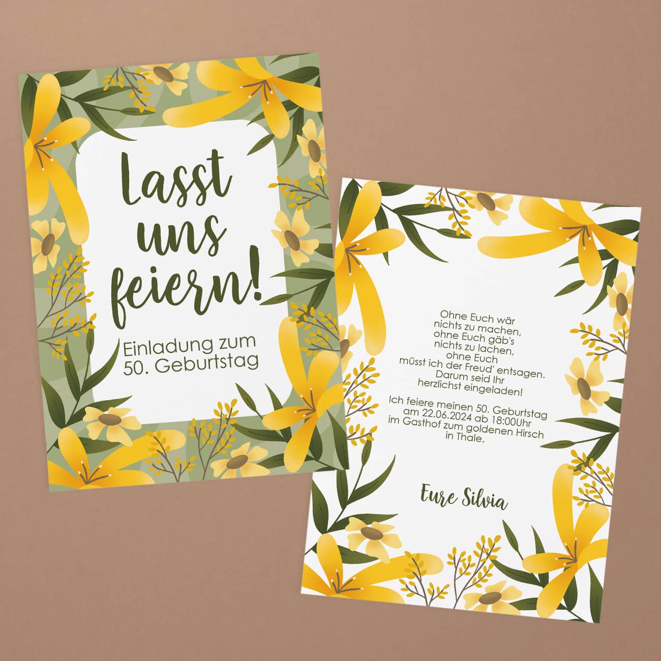 Einladungskarte für verschiedene Anlässe mit Personalisierung & Blumen-Motiv