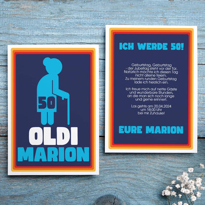 Witzige Einladungskarte zum Geburtstag mit Text auf der Rückseite