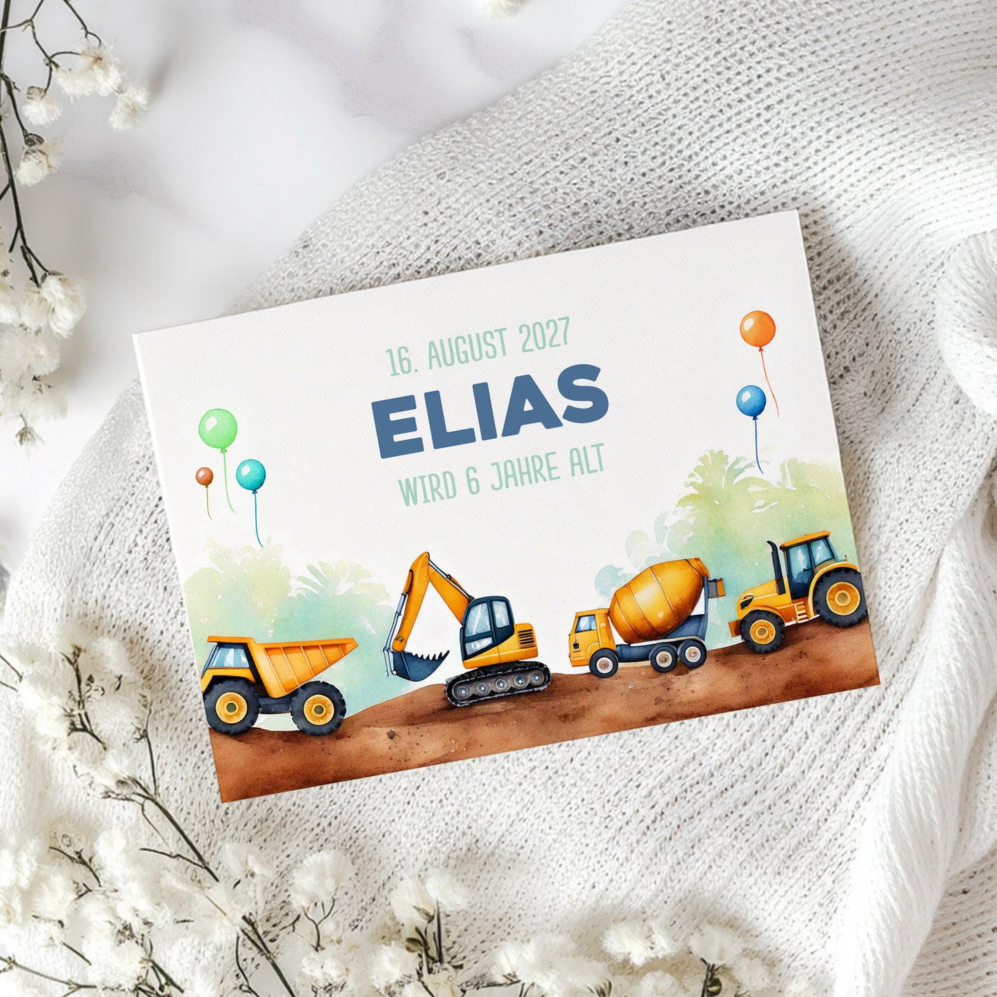 Einladungskarte zum Kindergeburtstag im Bagger und Baustellen Design mit Wunschdaten