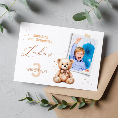 Teddybär Einladungskarte zum Kindergeburtstag mit Foto und Wunschdaten