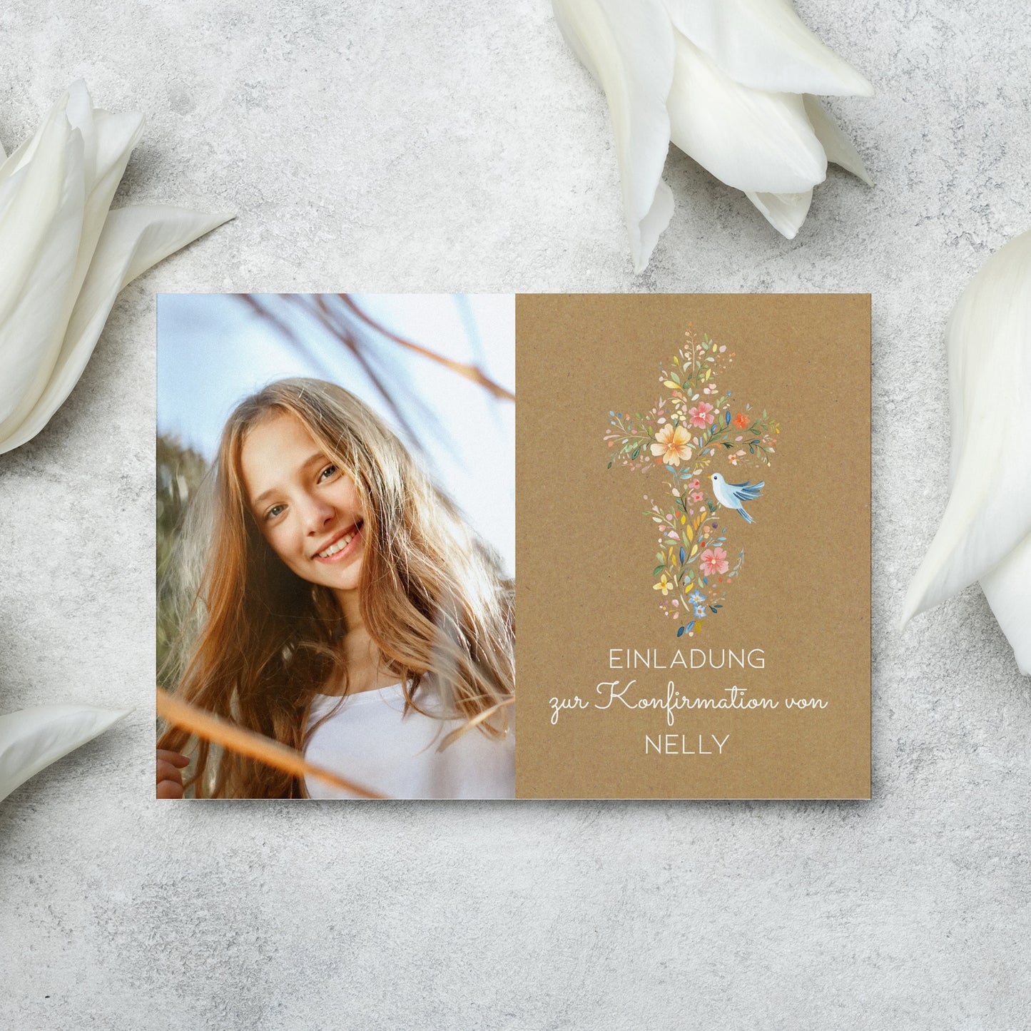 Einladungskarte zur Konfirmation, Kommunion, Taufe mit Foto & Wunschdaten | Blumenkreuz