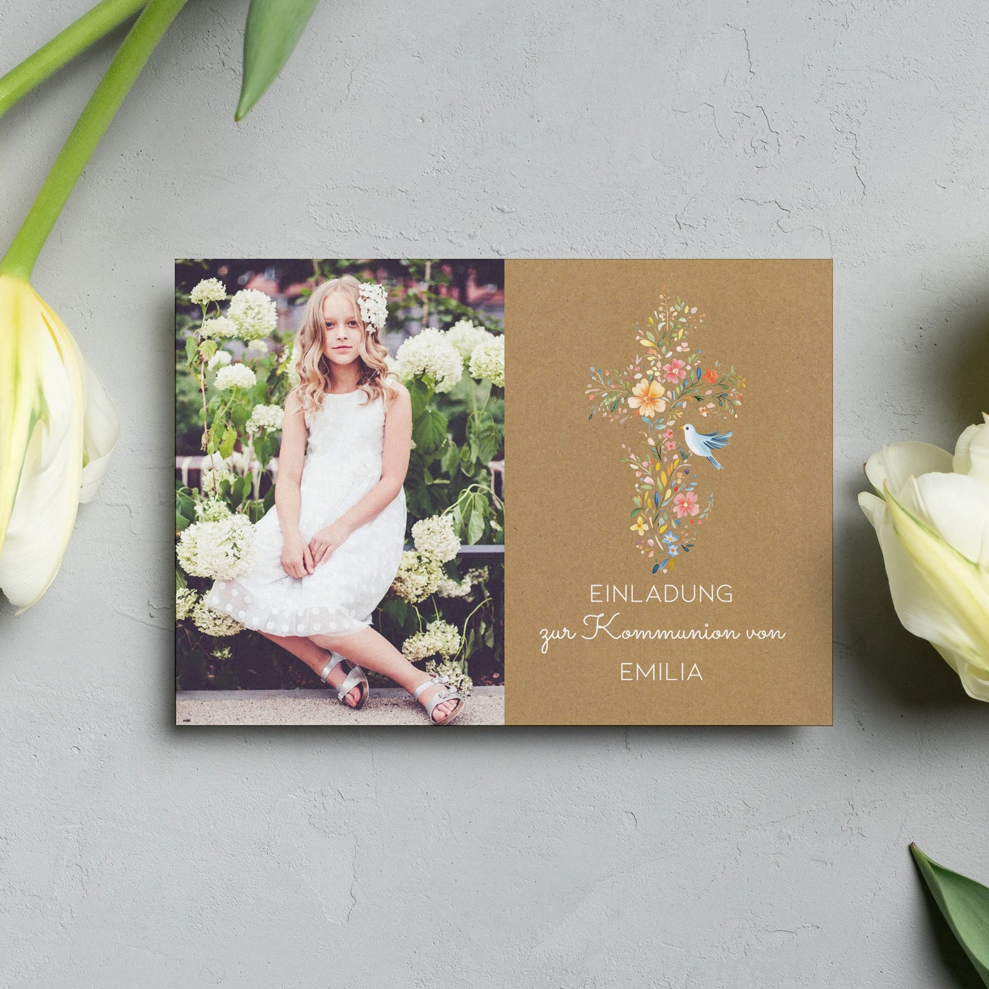 Einladungskarte zur Konfirmation, Kommunion, Taufe mit Foto & Wunschdaten | Blumenkreuz