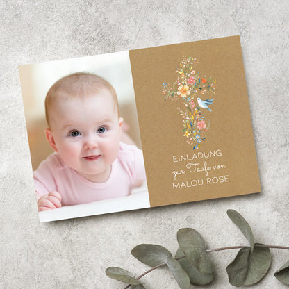 Einladungskarte zur Konfirmation, Kommunion, Taufe mit Foto & Wunschdaten | Blumenkreuz