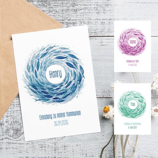 Einladungskarte zur Konfirmation, Kommunion, Taufe mit Wunschdaten | Fische Ichthys