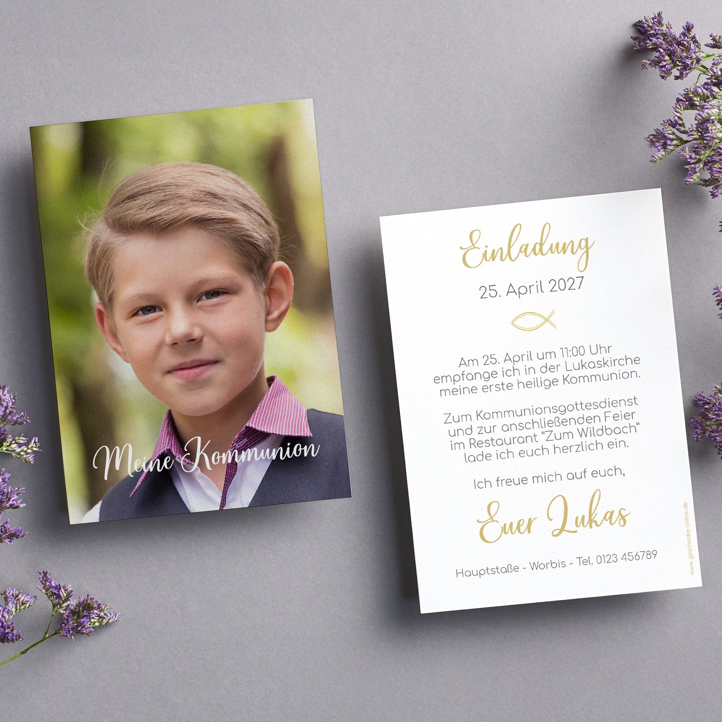 Einladungskarte zur Konfirmation, Kommunion, Taufe mit Foto & Wunschdaten | Danksagung