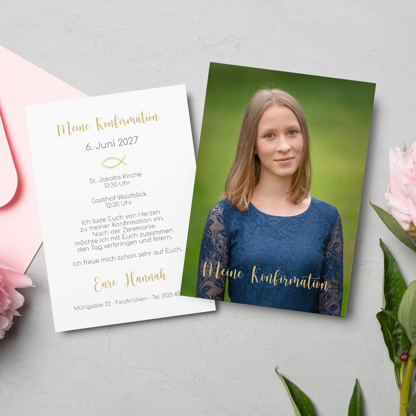 Einladungskarte zur Konfirmation, Kommunion, Taufe mit Foto & Wunschdaten | Danksagung