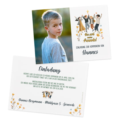 Kommunion Einladungskarte mit Foto links und Motto rechts – personalisierbar mit Name