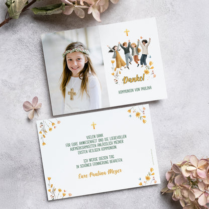 Danksagungskarte Kommunion mit Foto und Motiv „Ihr seid meine Freunde“ – Vorderseite mit Dankeschön und Name