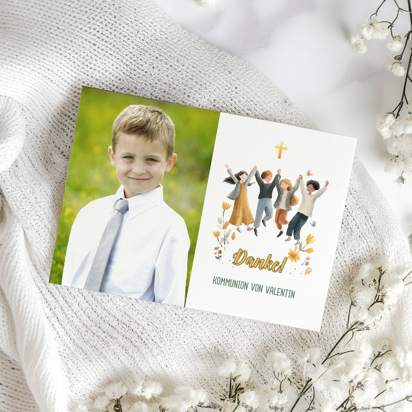 Danksagung zur Kommunion mit Foto – personalisierte Karte für Mädchen und Jungen im modernen Design