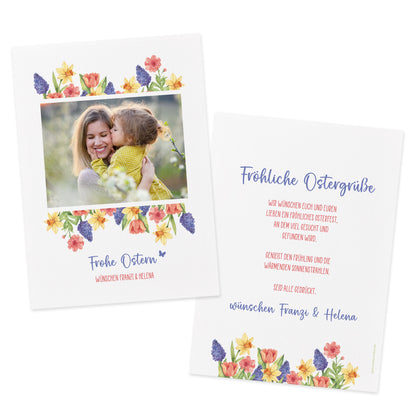 Personalisierte Osterkarte mit Foto und Text „Frohe Ostern“ im floralen Design