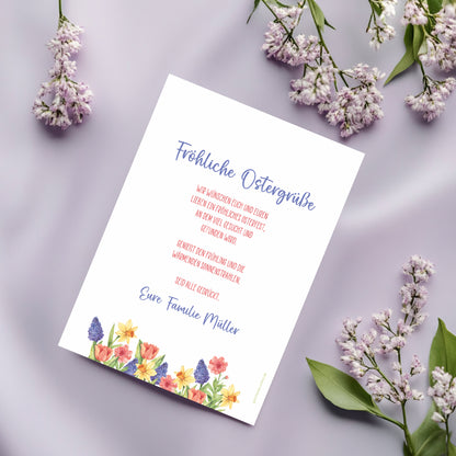 Rückseite der Osterkarte mit individuellem Ostergruß und Blumenmotiv im Frühlingstil
