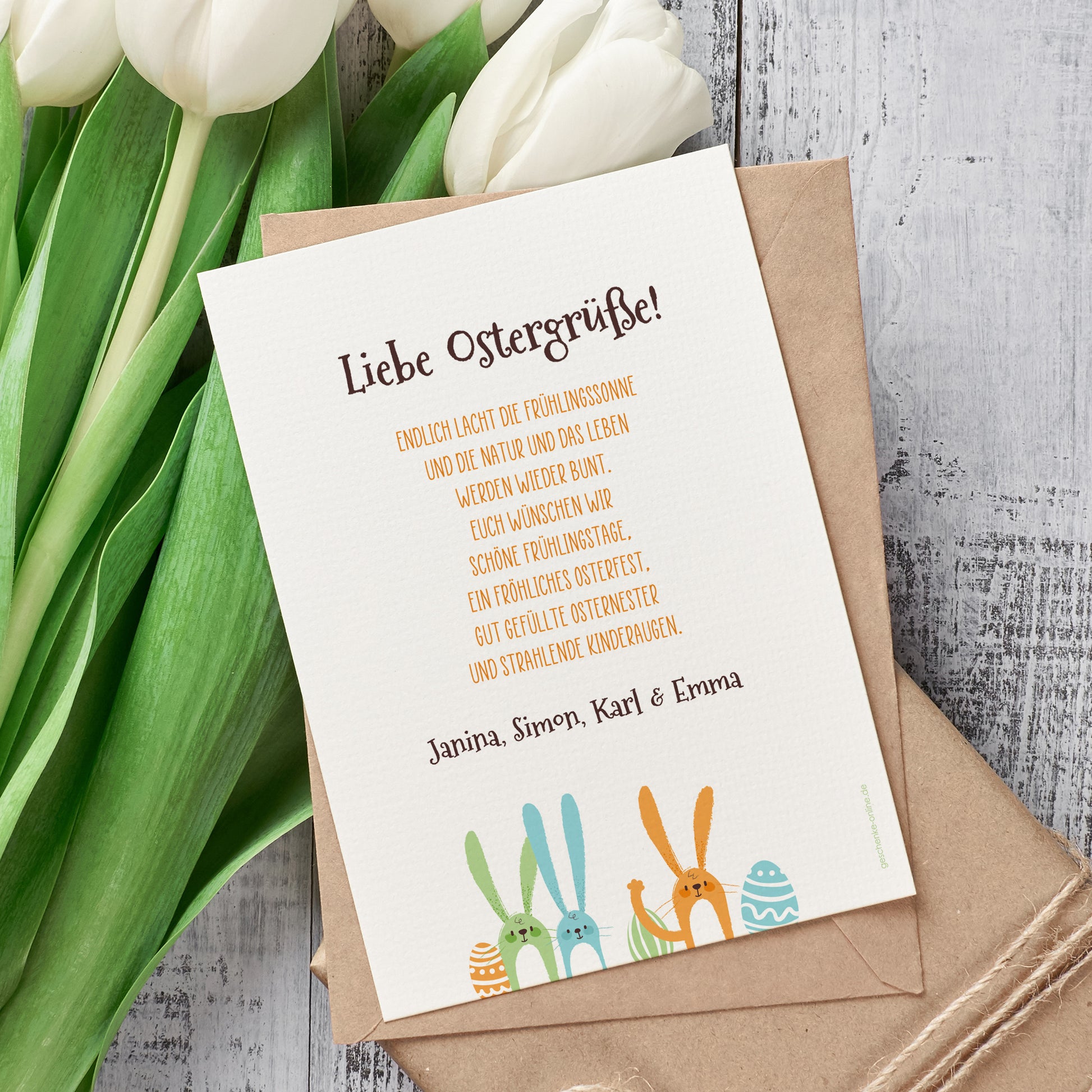 Rückseite der Osterkarte mit individuellem Ostergruß und bunten Hasen im Frühlingsdesign