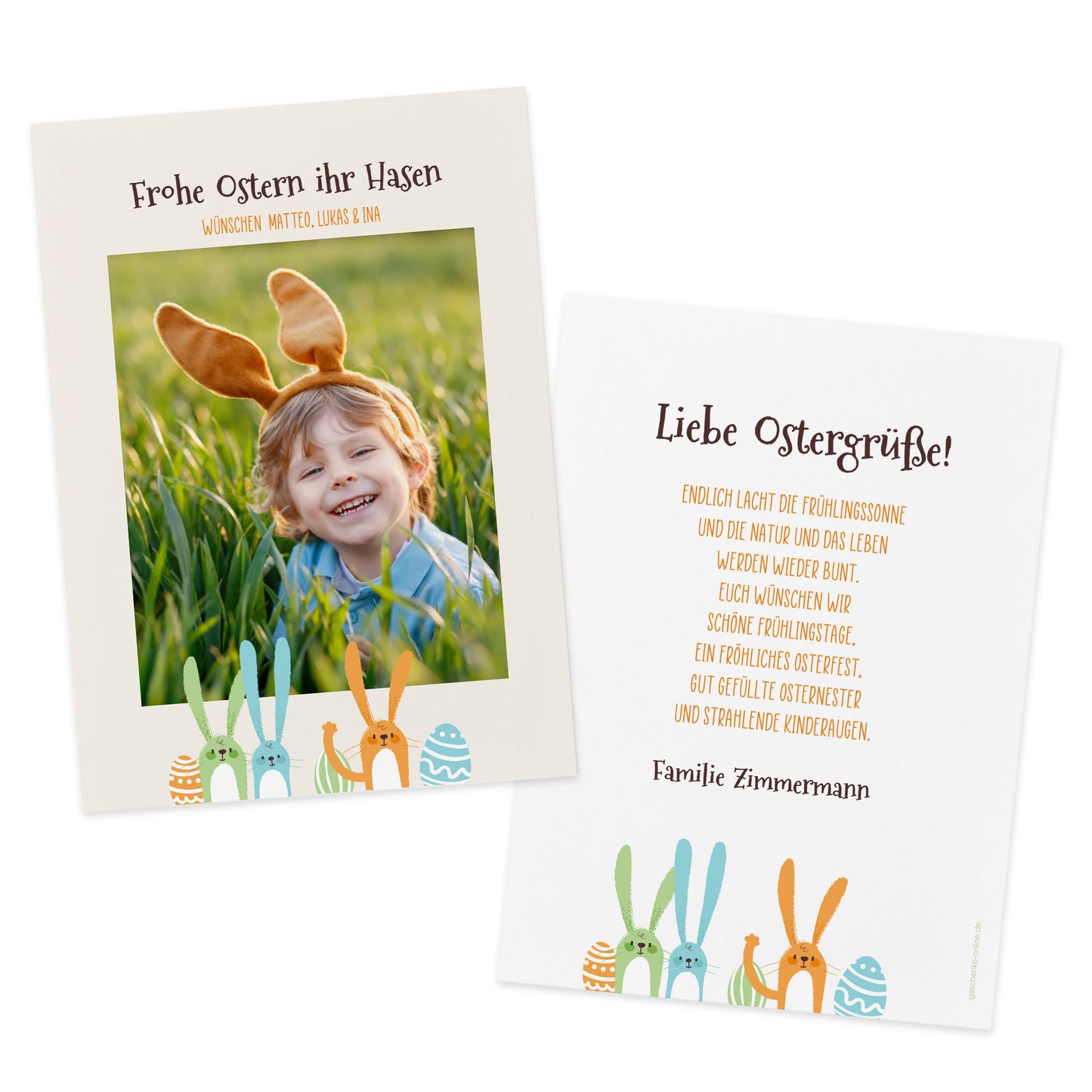 Oster Grußkarte mit Foto und Text sowie bunten Hasen und Ostereiern als Motiv