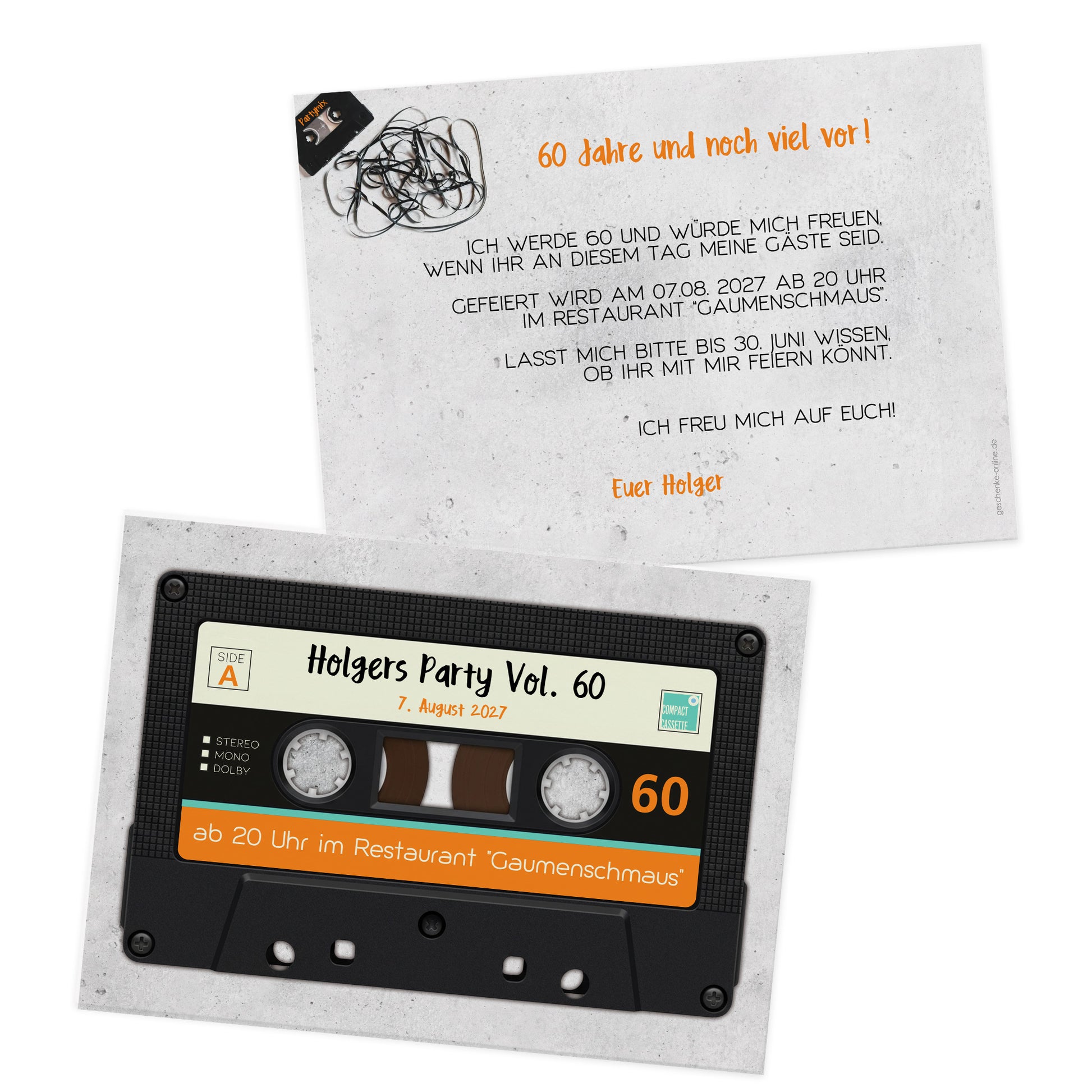 Einladungskarte Geburtstag Kassette Rückseite mit Text und Veranstaltungsdetails