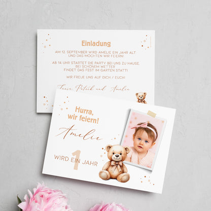 Teddybär Einladungskarte zum Kindergeburtstag mit Foto und Wunschdaten