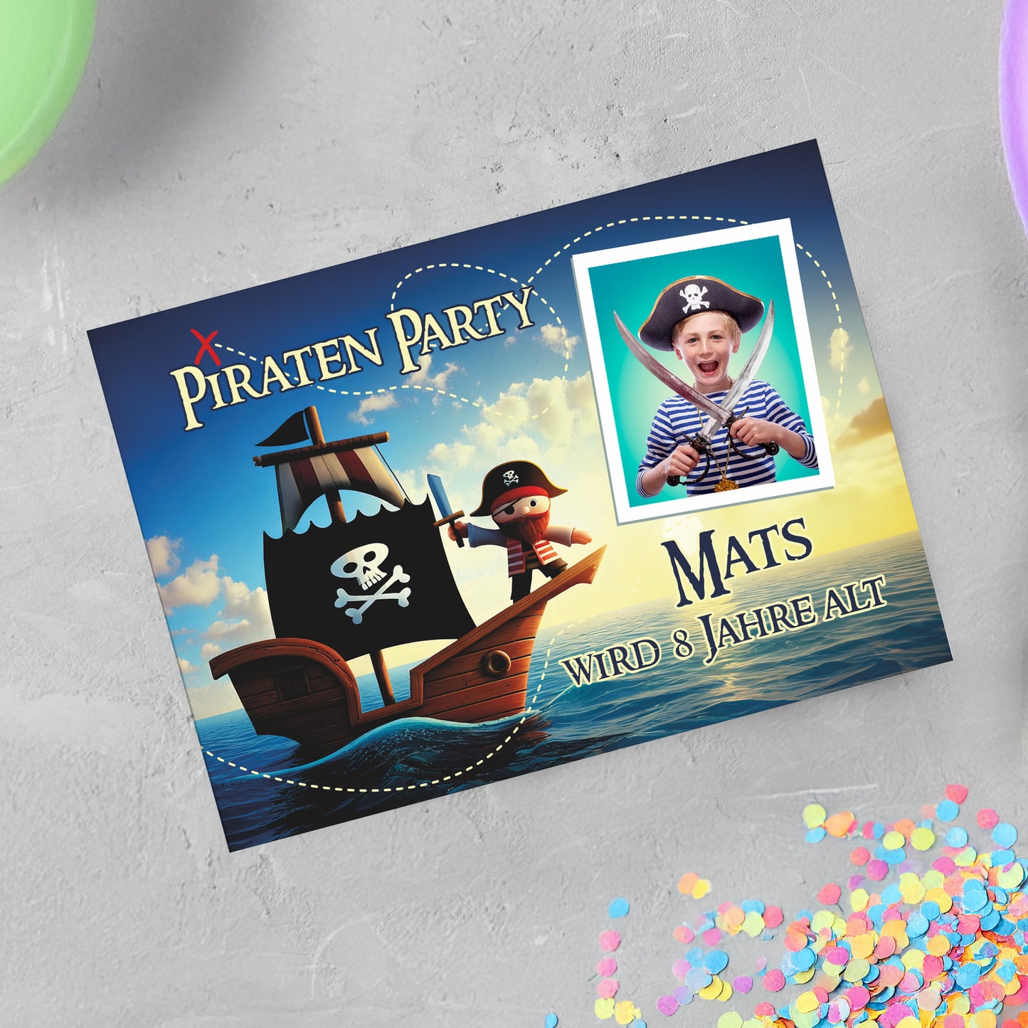 Einladungskarte zum Kindergeburtstag mit Piratenmotiv und Foto