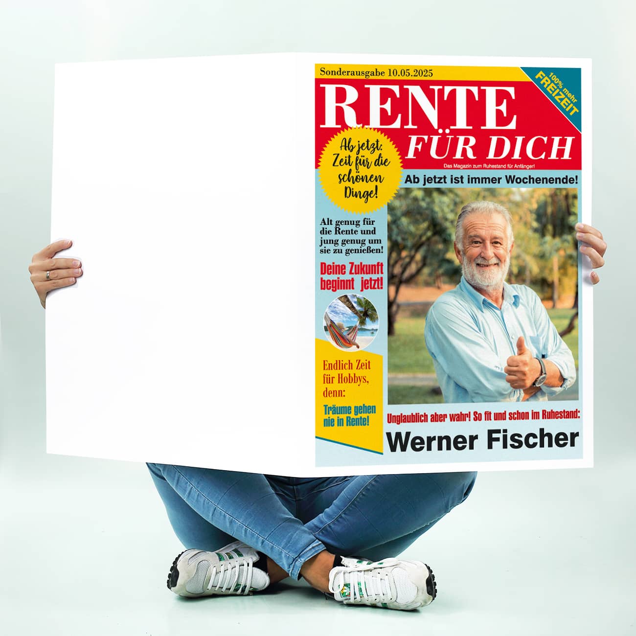 XXL Klappkarte zur Rente mit Foto und Name in Zeitungsform