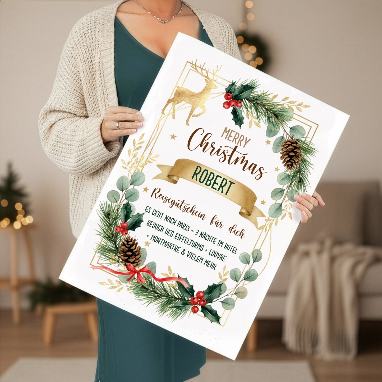 XXL Weihnachtsgutscheinkarte im weihnachtlichen Design mit Personalisierung, Format 50×70 cm