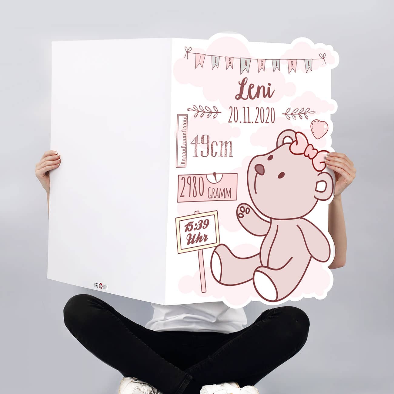 Personalisierte XXL Klappkarte zur Geburt eines Mädchens mit persönlichen Daten