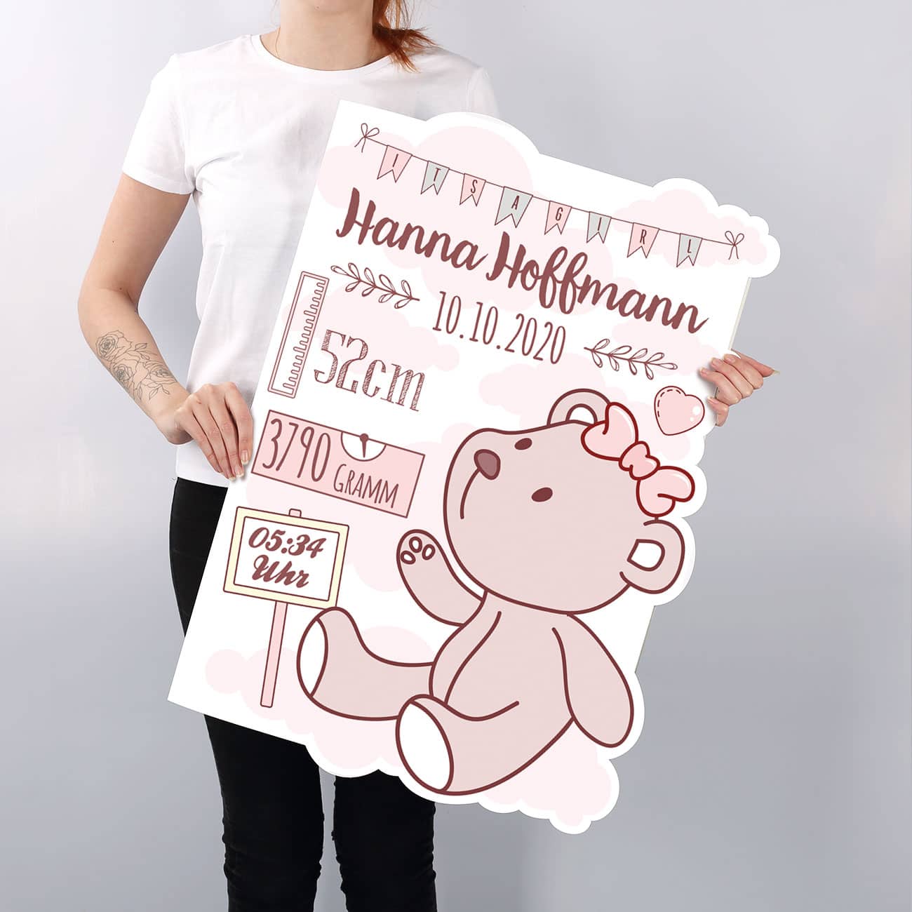 XXL Klappkarte zur Geburt eines Mädchens mit allen benötigten Daten und Bärchen