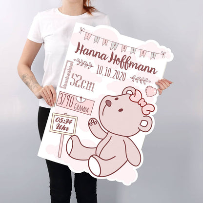 XXL Klappkarte zur Geburt eines Mädchens mit allen benötigten Daten und Bärchen