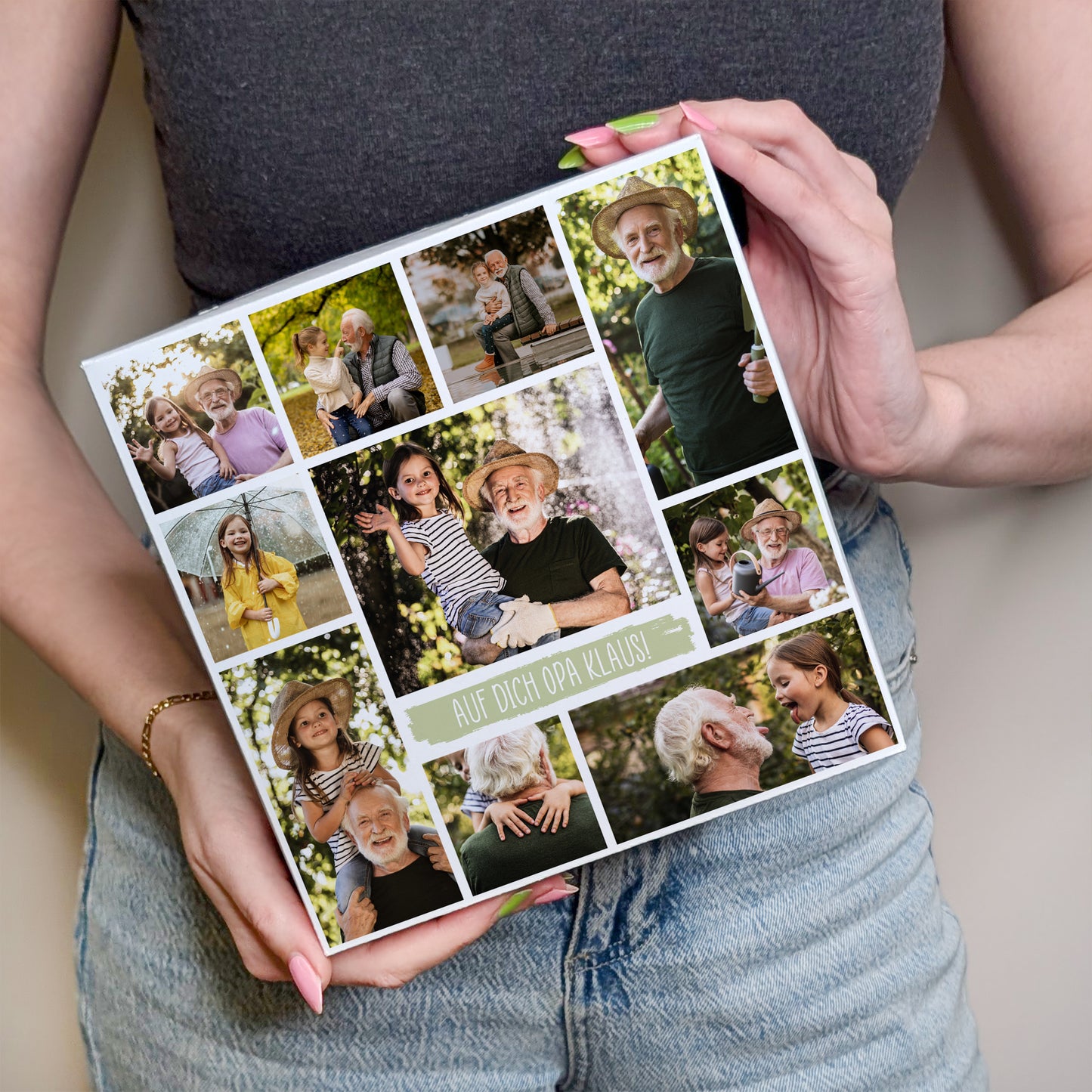 Nahaufnahme der Verpackung mit Fotocollage und Textfeld