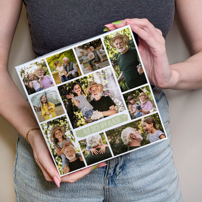 Nahaufnahme der Verpackung mit Fotocollage und Textfeld